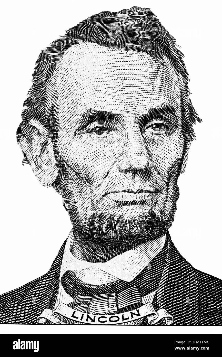 ritratto di abraham lincoln davanti a un conto di cinque dollari. Foto Stock
