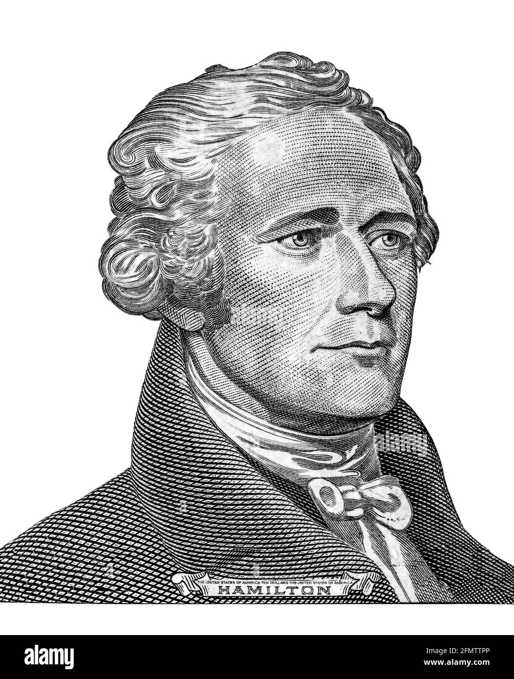 'Alexander Hamilton' faccia su US dieci o 10 dollari di legge macro stati uniti primo piano di denaro su sfondo bianco Foto Stock