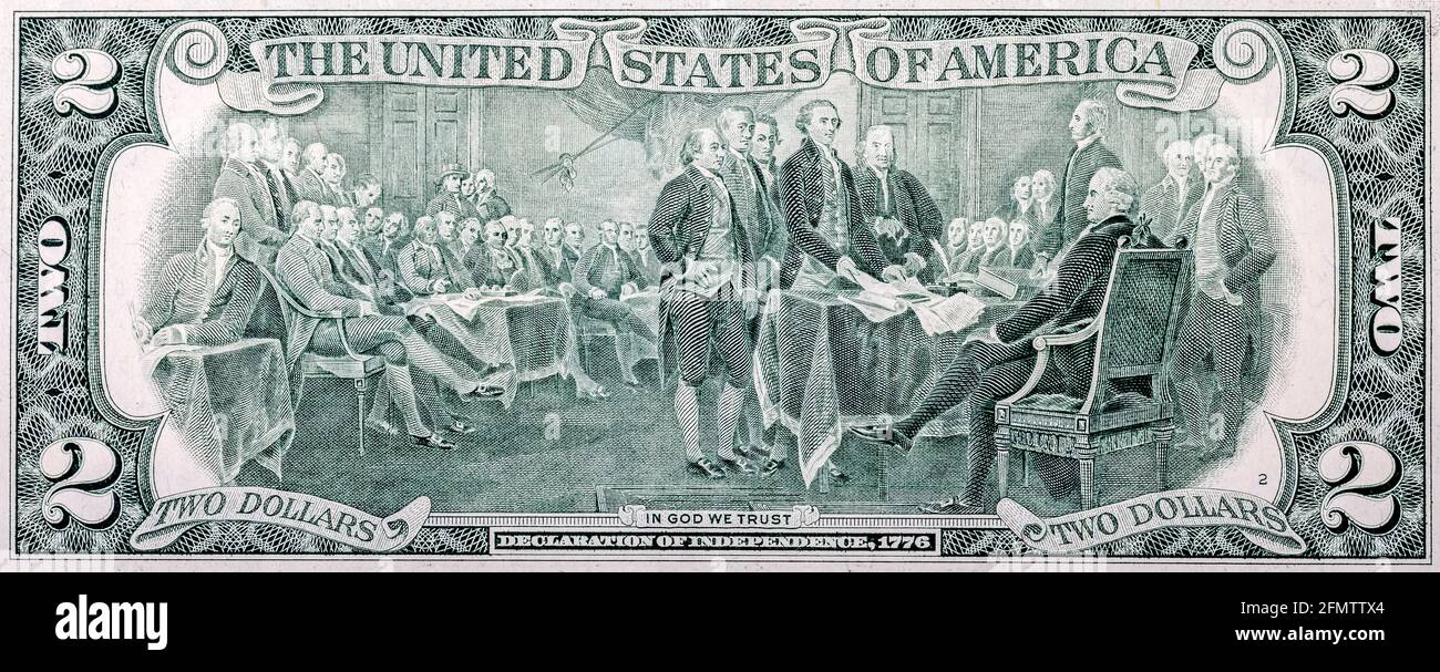 Riproduzione dell'opera la Dichiarazione di Indipendenza di John Trumbull. Lato inverso di due dollari USA fattura. Foto Stock