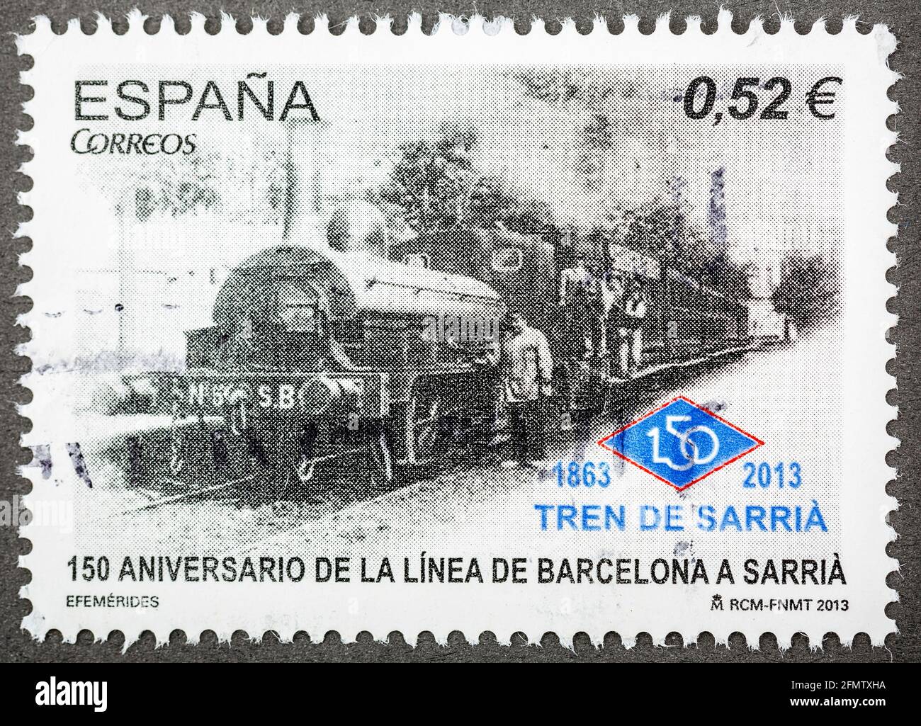 SPAGNA - CIRCA 2013: Un francobollo stampato in Spagna mostra 150 ° anniversario del primo treno Barcelona Sarria, circa 2013. Foto Stock