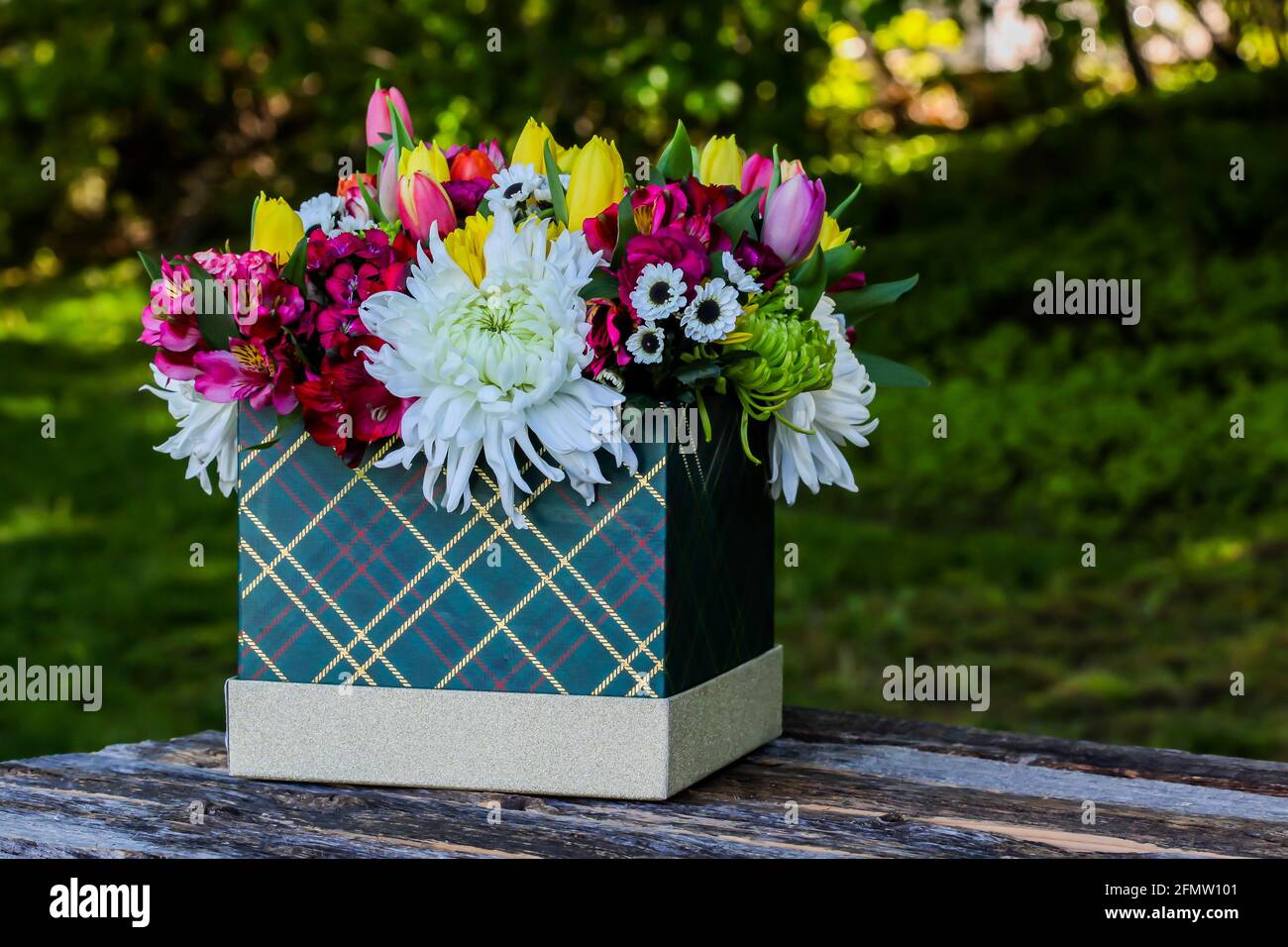 Box con bellissimi flovers e spazio vuoto per il testo Foto Stock