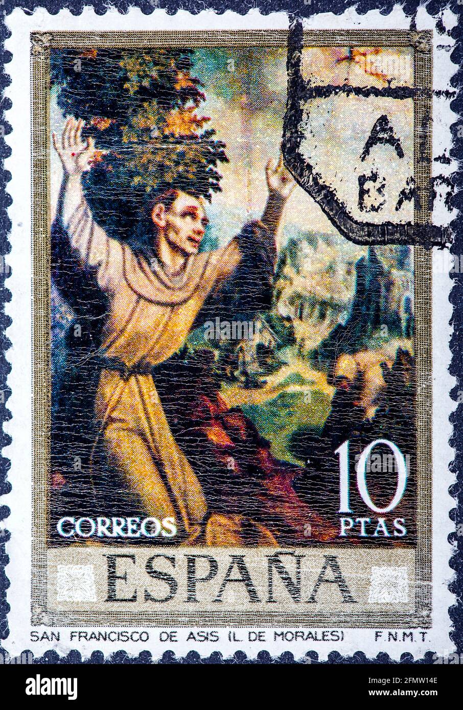SPAGNA - CIRCA 1970: Francobollo stampato dalla Spagna, mostra San Fransis di Assisi di Morales, circa 1970 Foto Stock