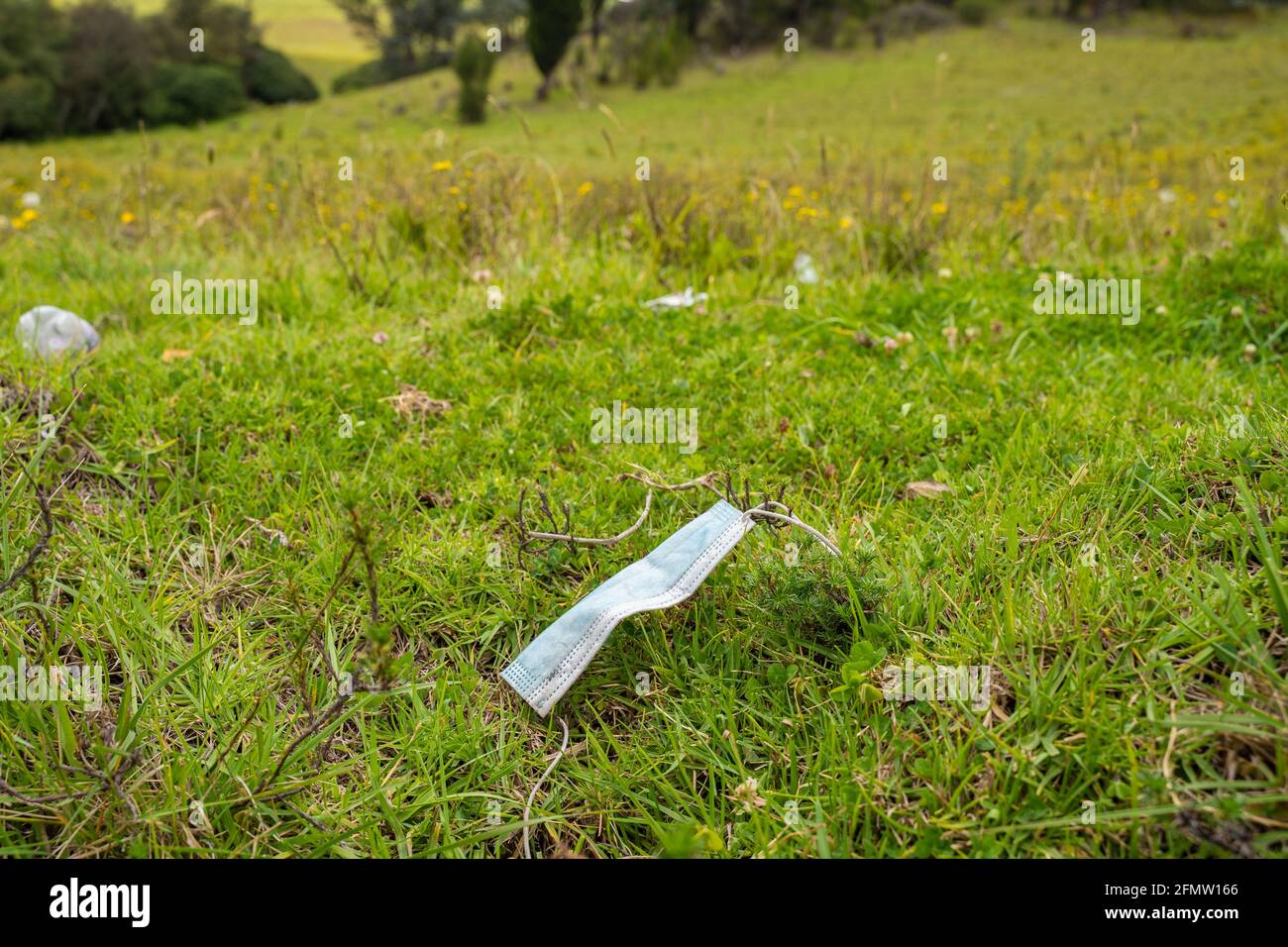 inquinamento della maschera chirurgica, cattivo per l'ambiente e l'ecologia Foto Stock