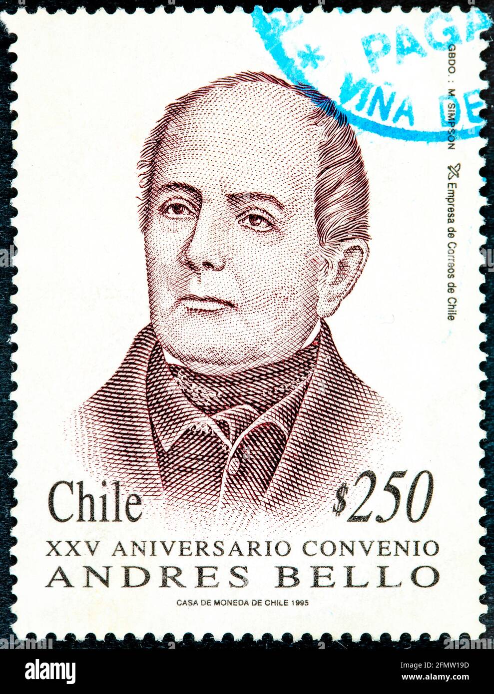 Cile - CIRCA 1995 : francobollo annullato stampato dal Cile, mostra il volto di Andres bello nel 25° anniversario dell'accordo che porta il suo n Foto Stock