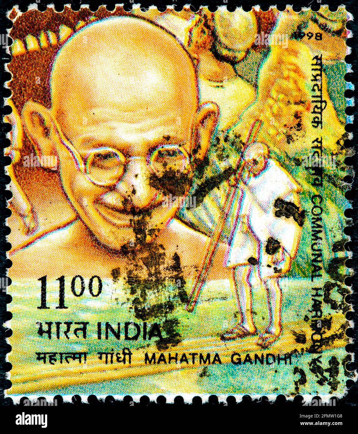 INDIA - CIRCA 1998: Francobollo annullato stampato dall'India, francobollo in cui la sua immagine appare da una serie di 4 dedicati a Mahatma Gandhi circa 199 Foto Stock