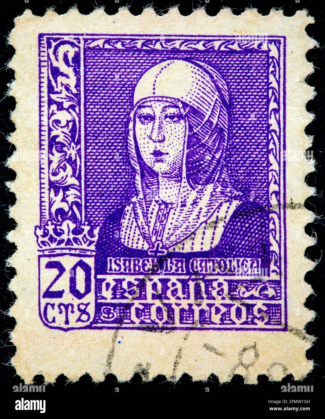 SPAGNA - CIRCA 1937: Un francobollo stampato in Spagna mostra la regina Isabella i di Castiglia (1451-1504), conosciuta anche come Isabella la cattolica, serie, circa 1937 Foto Stock