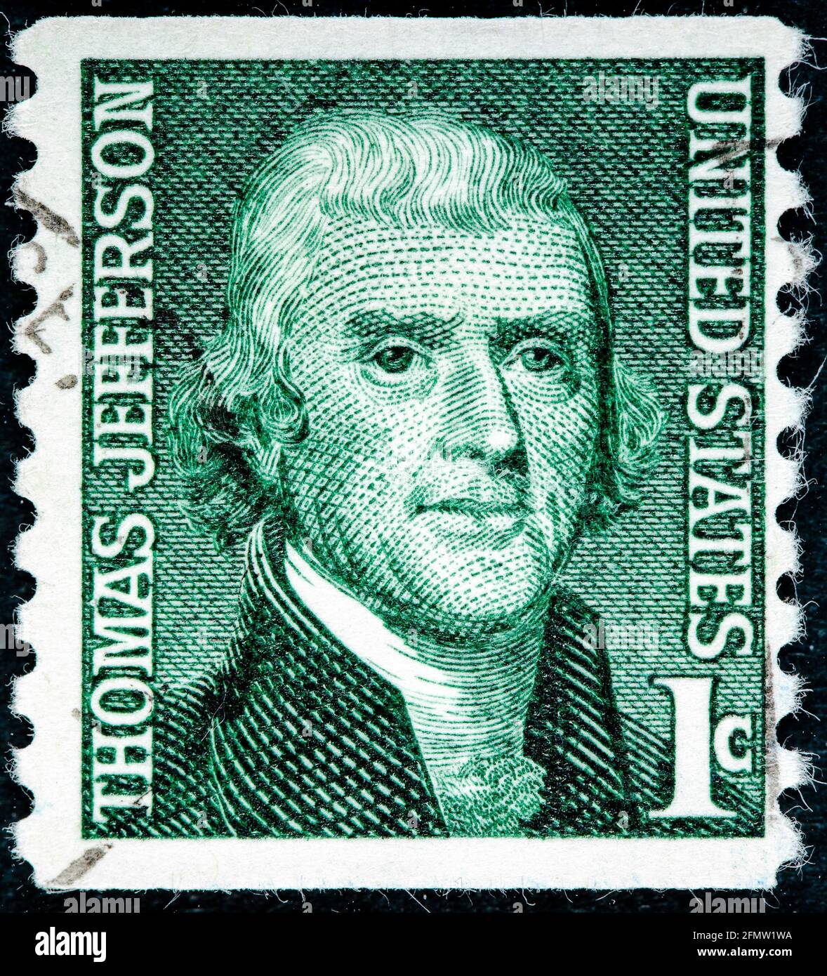 STATI UNITI D'AMERICA - CIRCA 1968: Un francobollo usato dagli Stati Uniti d'America dedicato al padre fondatore e al presidente Thomas Jeffer Foto Stock
