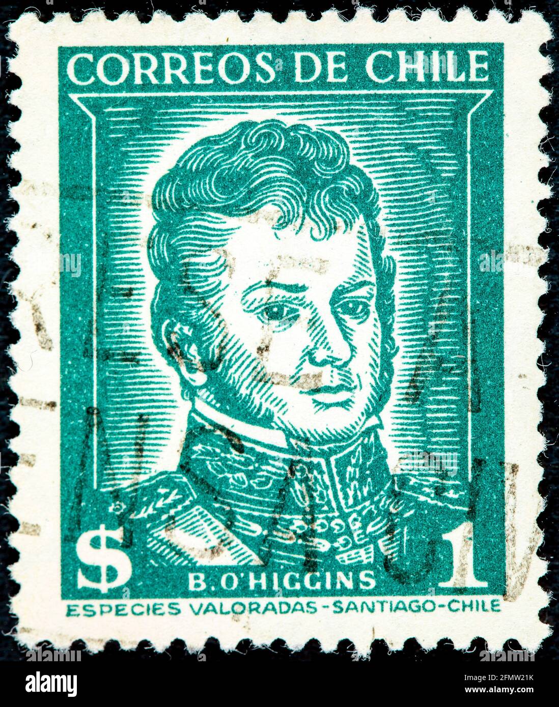CILE - CIRCA anni '40: Un francobollo stampato in Cile mostra l'immagine di Bernardo o'Higgins, il generale cileno, serie, intorno agli anni '40 Foto Stock