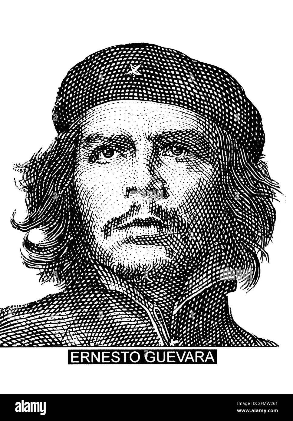 Ritratto di Ernesto che Guevara, leader storico di Cuba su tre banconote di peso, colorate in nero isolato su sfondo bianco Foto Stock