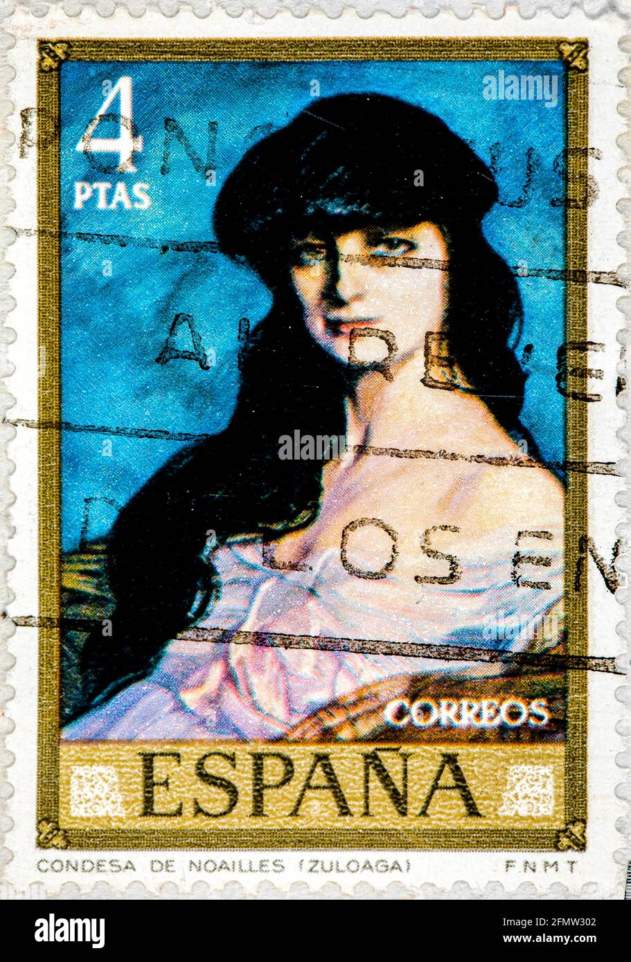 SPAGNA-CIRCA 1971: Un francobollo stampato in Spagna mostra un dipinto della Contessa de Noailles di Ignacio Zuloaga circa 1971. Foto Stock