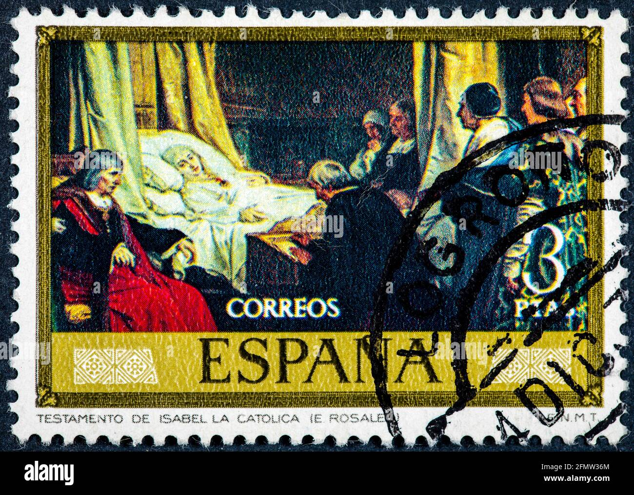SPAGNA - CIRCA 1974: Un francobollo stampato dalla Spagna mostra Testamento Isabel il cattolico dipinto da Rosales Foto Stock