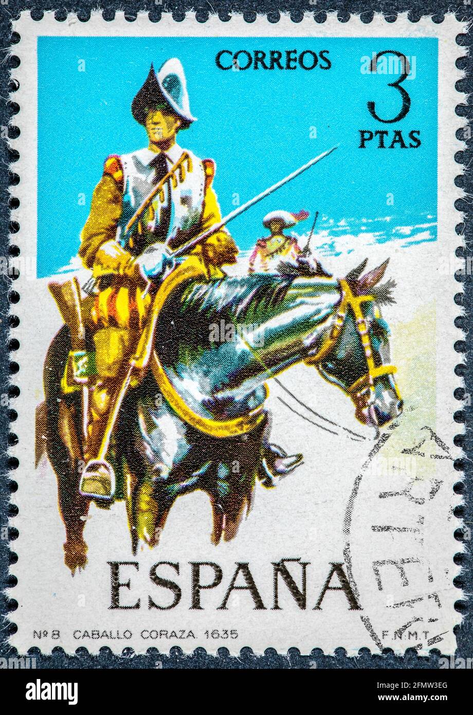 SPAGNA - CIRCA 1974: Un francobollo stampato in Spagna mostra petto di cavallo di 1635 Foto Stock