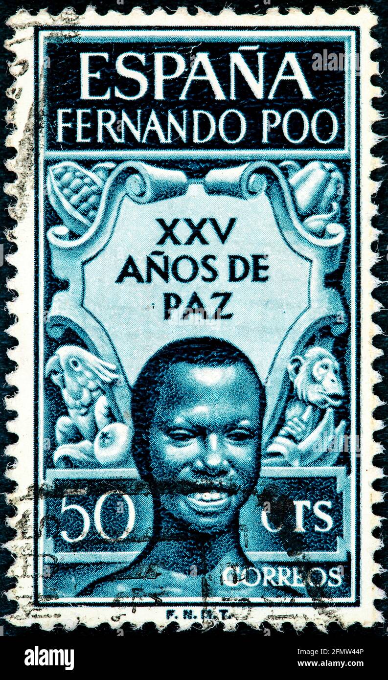Spagnolo Fernando Poo - circa 1961: Francobollo annullato stampato dalla Spagna con iscrizione Fernando Poo, appartenente alla serie XXV anni di pace, Foto Stock