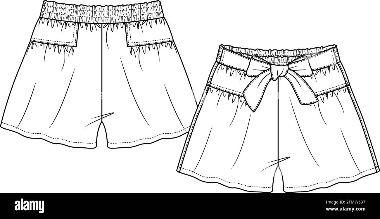 Cute Girls Flare Shorts con dima di schizzo piatto moda prua anteriore. Kids disegno tecnico di moda. Cinturino elastico coperto. Illustrazione Vettoriale