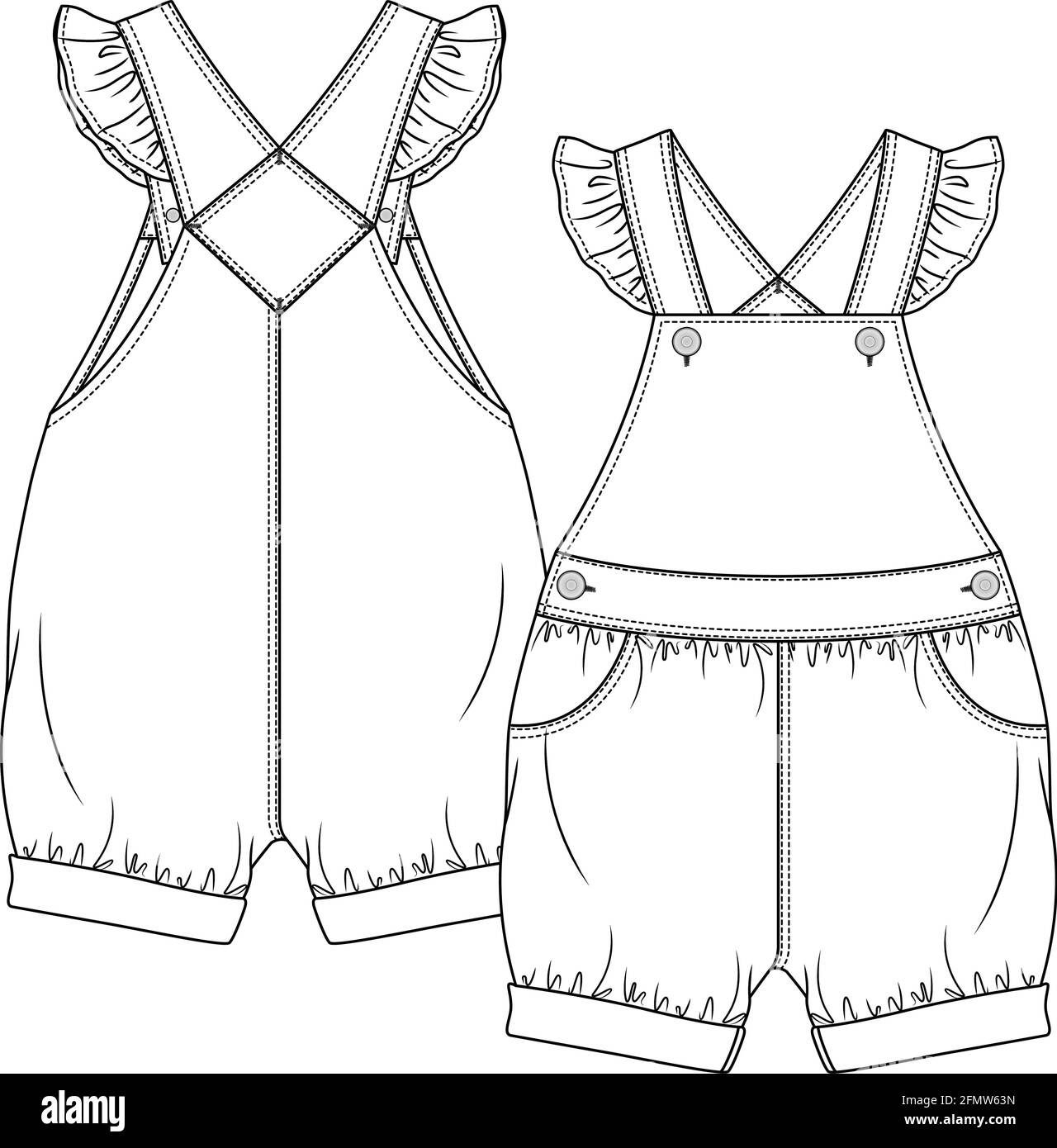 Baby Girls dungaree moda modello di schizzo piatto. Kids Jumpsuit Illustrazione tecnica di moda generale. Dettagli di frill sulle cinghie Illustrazione Vettoriale