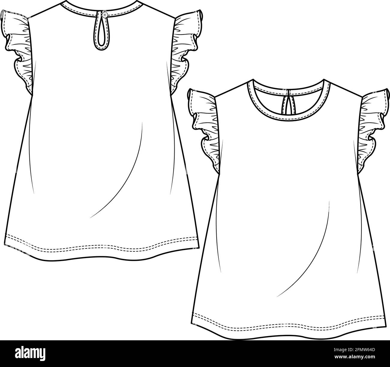 Baby Girls maniche di frill modello di schizzo piatto moda. Bambine Kids illustrazione tecnica di moda. Apertura della serratura posteriore. Rilegatura del collo. Illustrazione Vettoriale