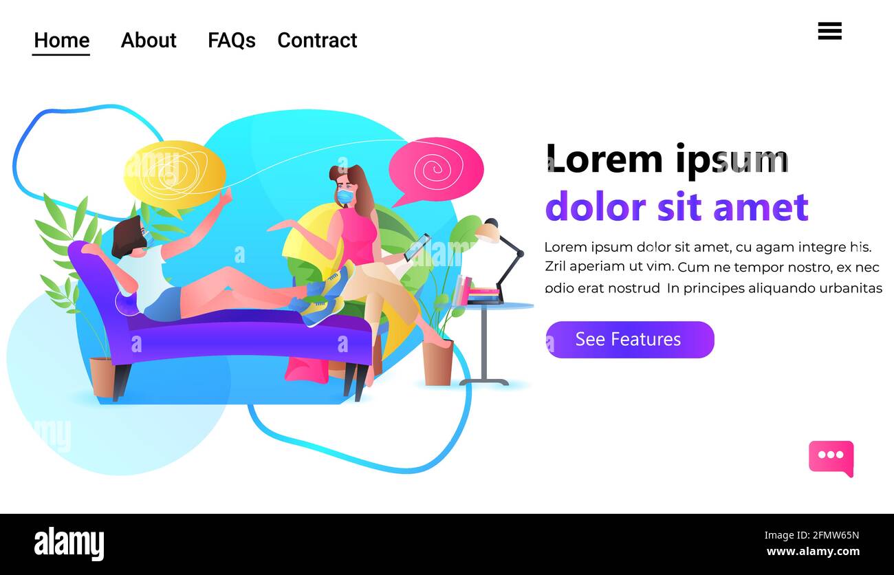 psicologo in maschera risolvere il problema psicologico nella psicoterapia cerebrale aggrovigliata trattamento di sessione del concetto di dipendenza da stress spazio di copia orizzontale Illustrazione Vettoriale