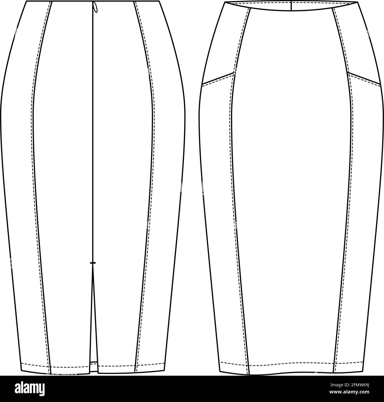 Donna gonna a matita calzata Vector Fashion Flat bozzetti. Modello di illustrazione tecnica della moda. Tagliare e cucire i dettagli. Spaccatura posteriore Illustrazione Vettoriale