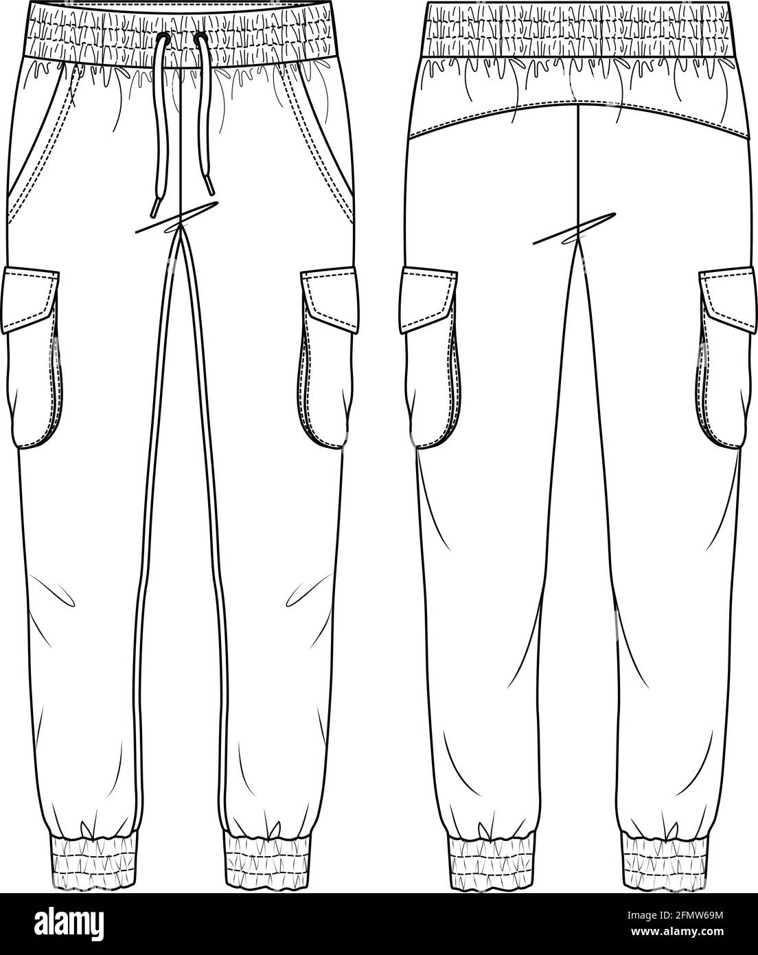 Donna Cargo tasche Jogger Pant Vector Moda Flat bozzetti. Modello di illustrazione tecnica della moda. Dettaglio del cordone di traino. Più dettagli di Unione Illustrazione Vettoriale