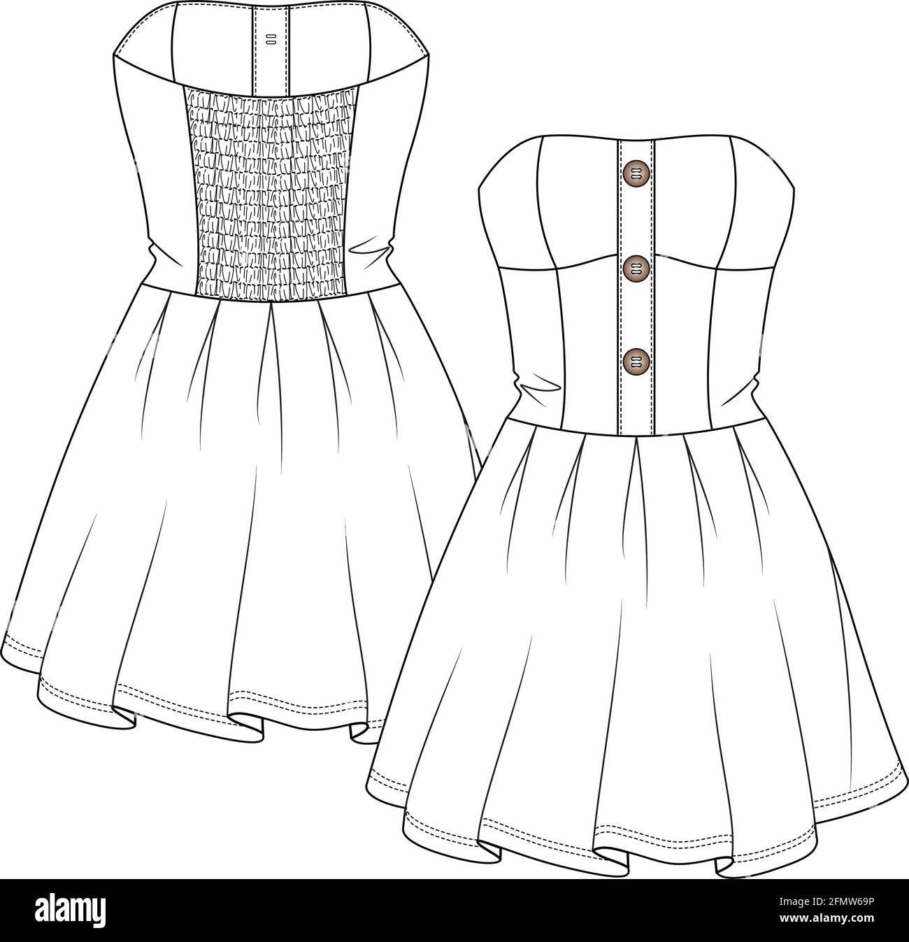 Donna Mini tubo Bandeau Dress modello di moda a schizzo piatto. Ragazze disegno tecnico di modo. Pulsanti grandi sulla parte anteriore. Effetto fumo elastico posteriore Illustrazione Vettoriale