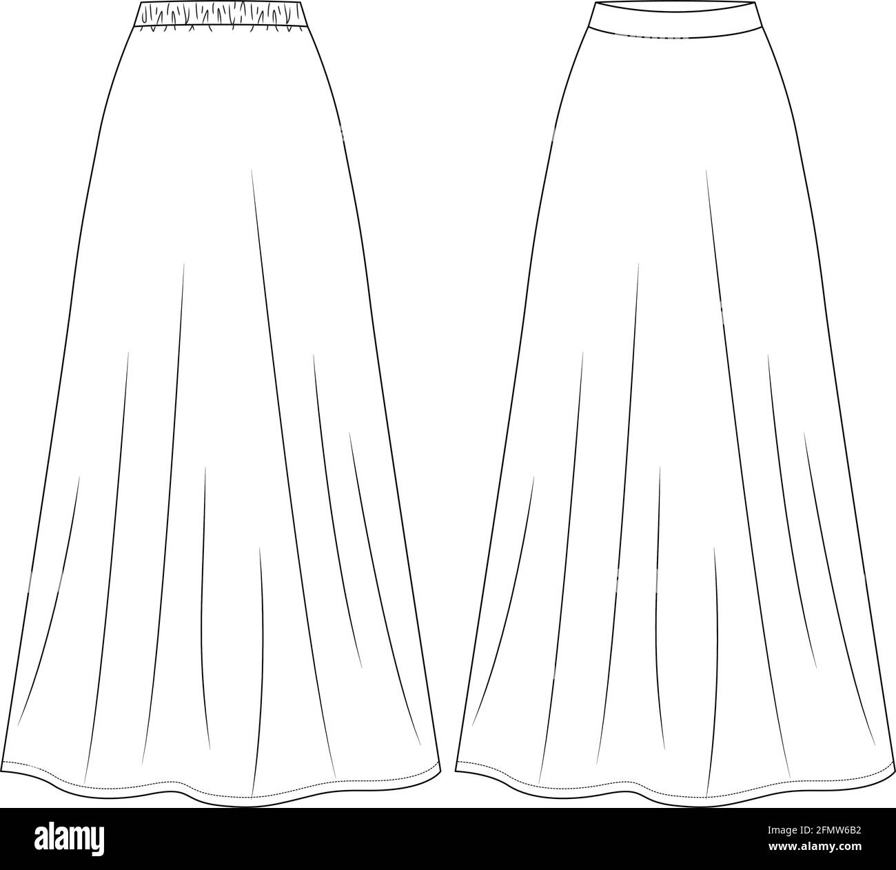 Donna lungo Maxi lunghezza gonna moda modello di schizzo piatto. Illustrazione tecnica della moda delle ragazze. A-Line con elastico sul retro Illustrazione Vettoriale