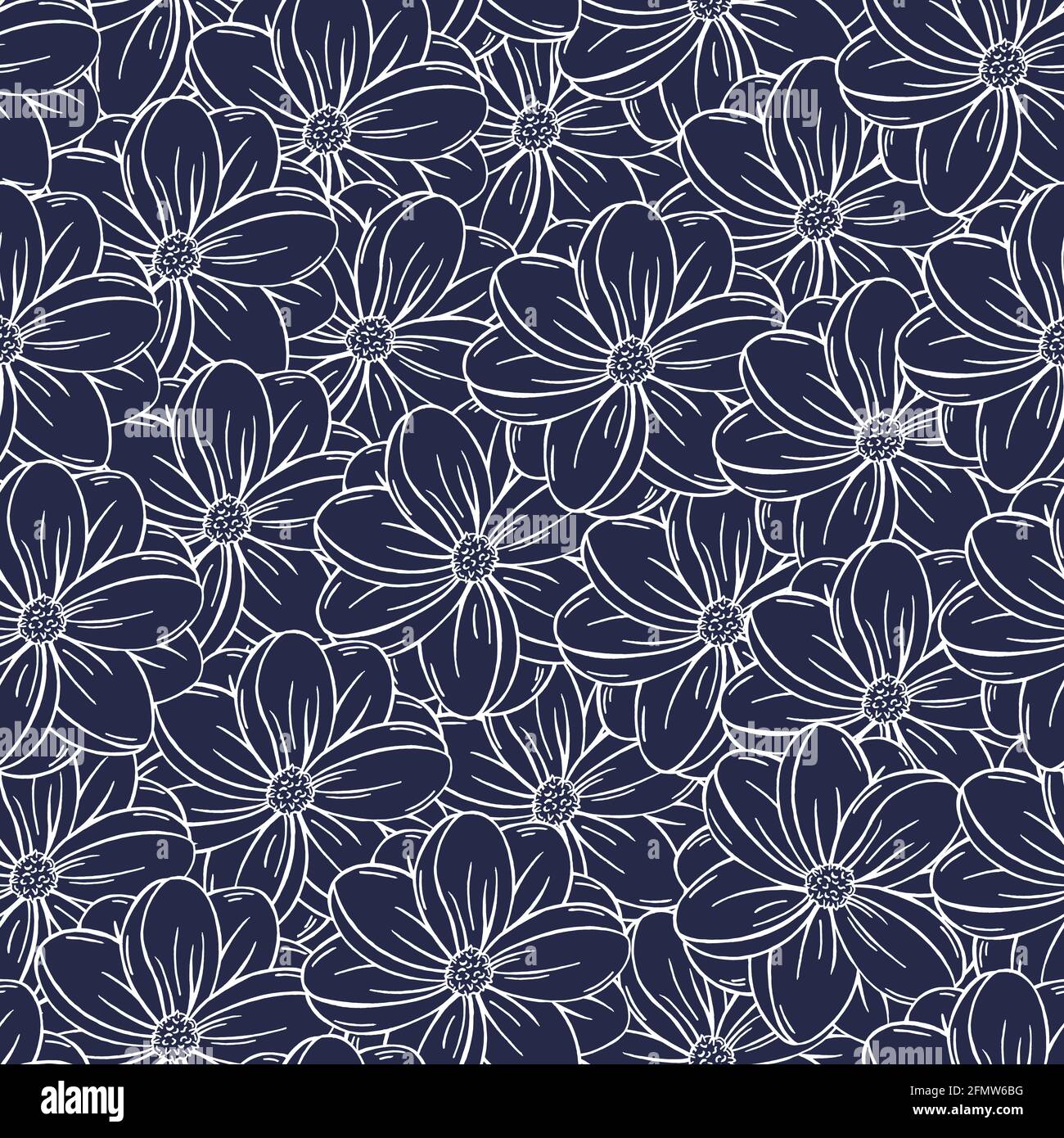 Vettore floreale monocromatico modello senza giunture stile doodle. Estate disegno a mano motivo botanico. Look nautico Illustrazione Vettoriale