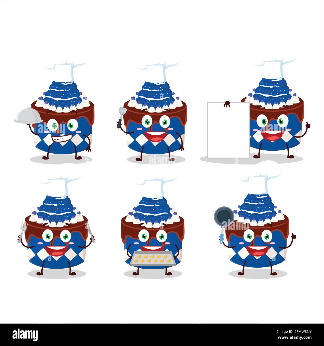 Cartoon carattere di dolce torta mirtillo con varie emoticon chef. Illustrazione vettoriale Illustrazione Vettoriale