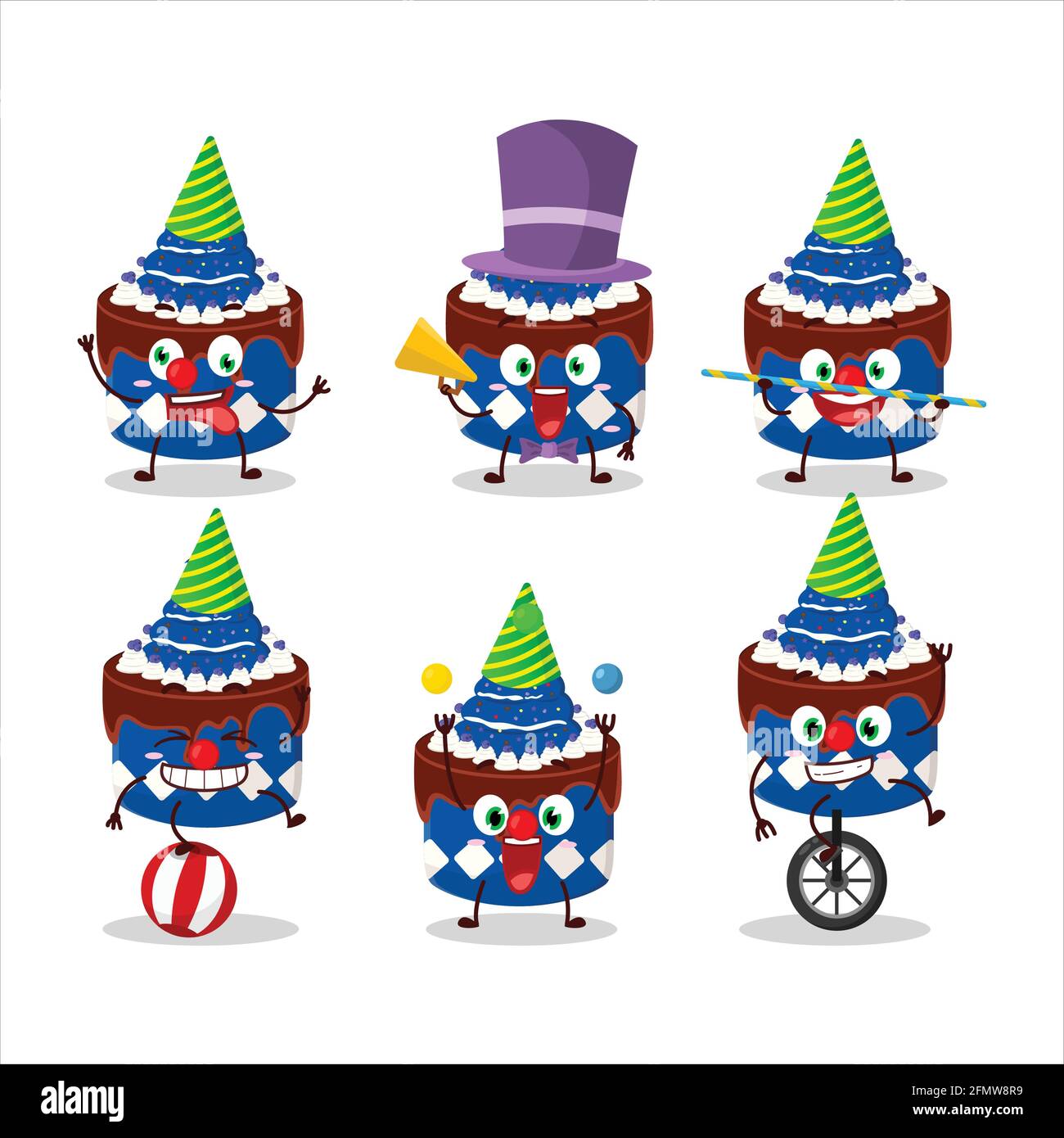 Cartoon carattere di dolce torta mirtillo con vari spettacoli circensi. Illustrazione vettoriale Illustrazione Vettoriale