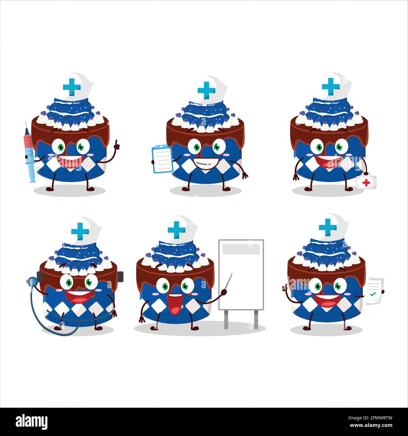 Medico professione emoticon con dolce torta cartoon mirtillo carattere. Illustrazione vettoriale Illustrazione Vettoriale