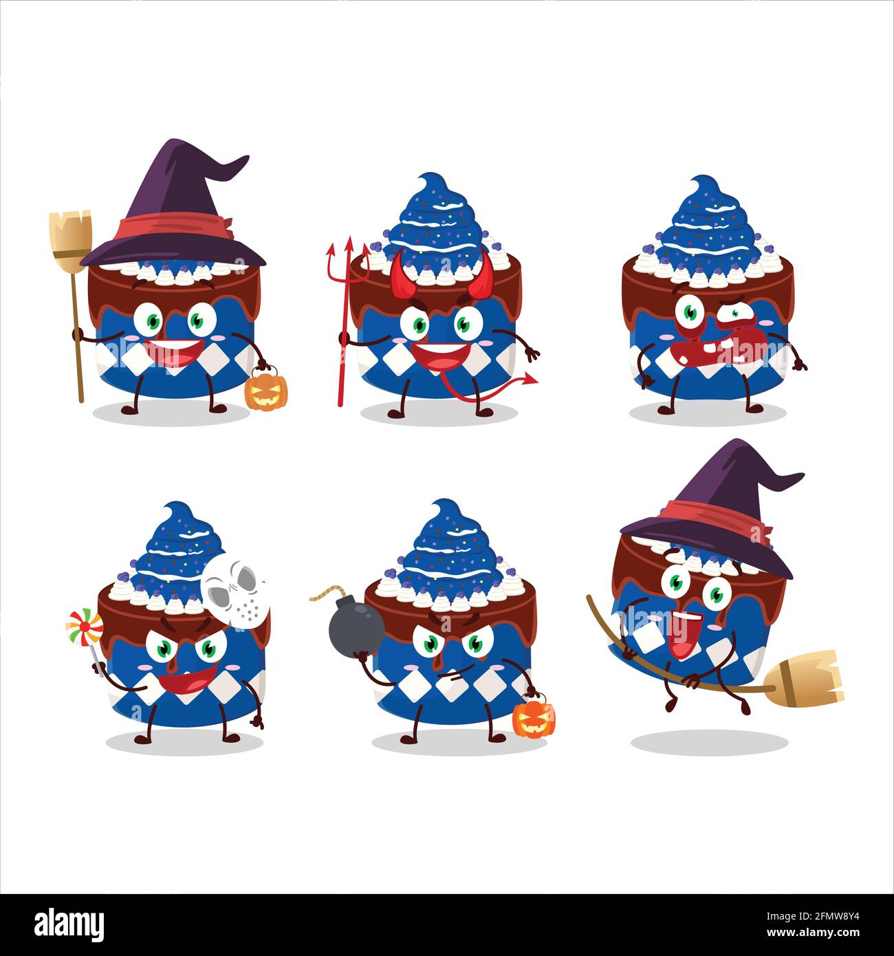 Emoticon di espressione di Halloween con il carattere cartoon di dolce torta mirtillo. Illustrazione vettoriale Illustrazione Vettoriale