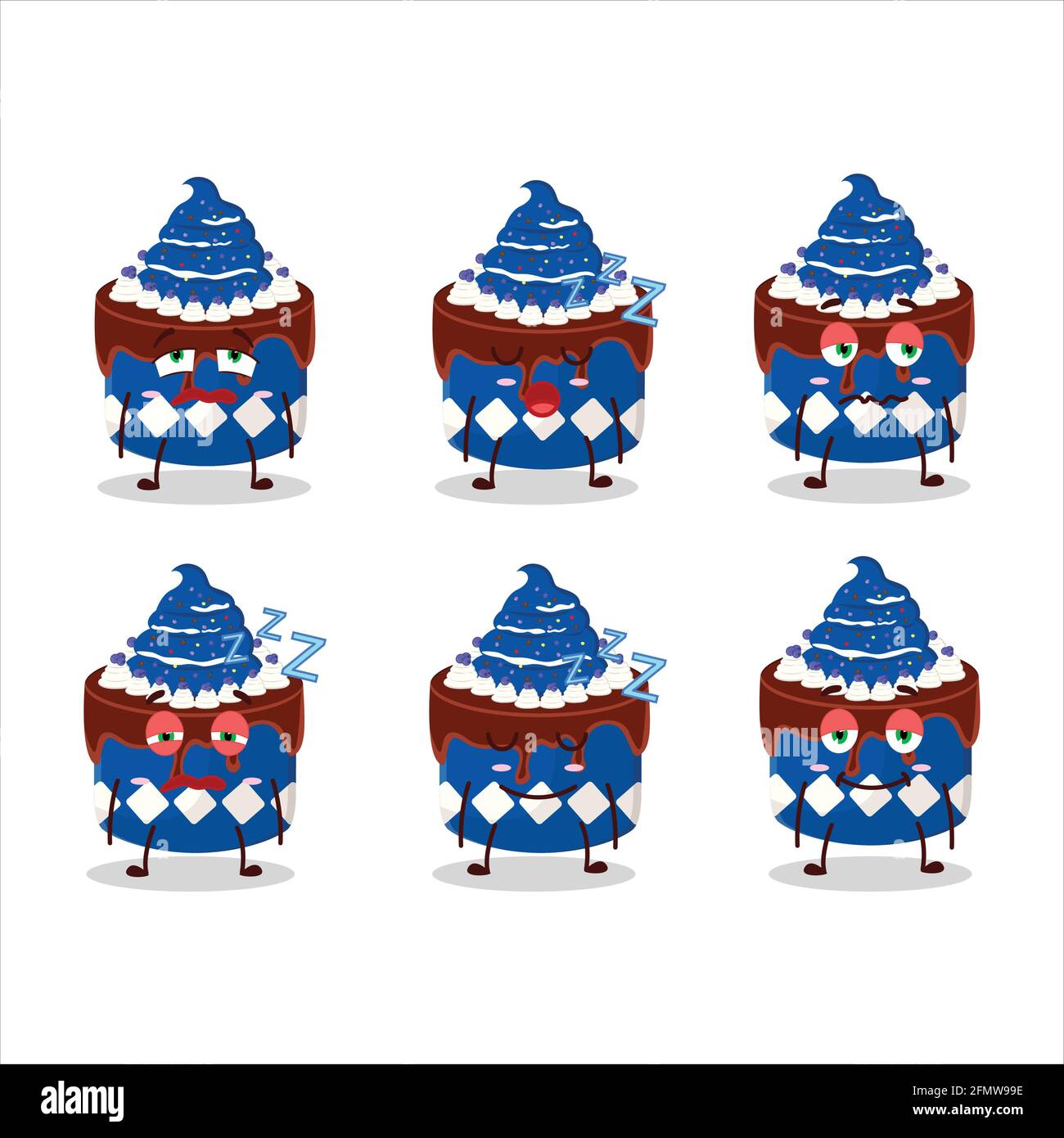 Cartoon carattere di dolce torta mirtillo con espressione sonnolenta. Illustrazione vettoriale Illustrazione Vettoriale