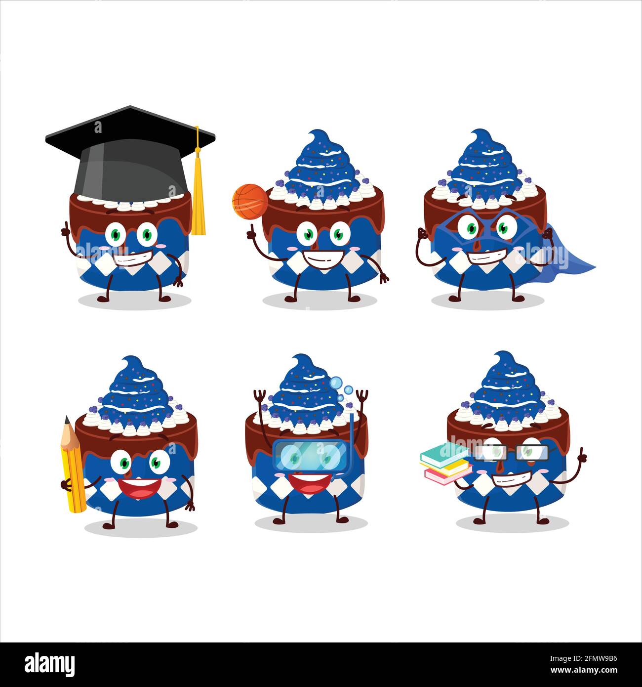 Studente di dolce torta cartoni animati mirtillo con varie espressioni. Illustrazione vettoriale Illustrazione Vettoriale