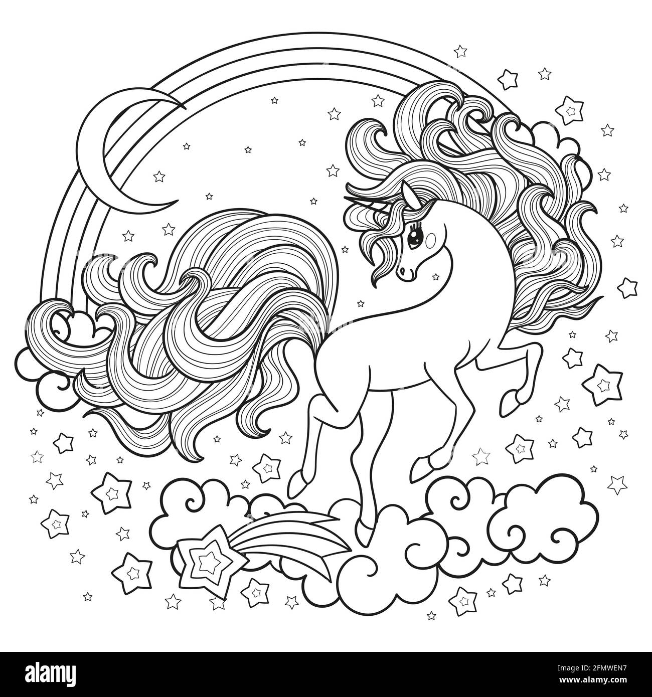 Un simpatico unicorno con un lungo galoppo di mane tra le stelle. Disegno lineare in bianco e nero. Vettore Illustrazione Vettoriale