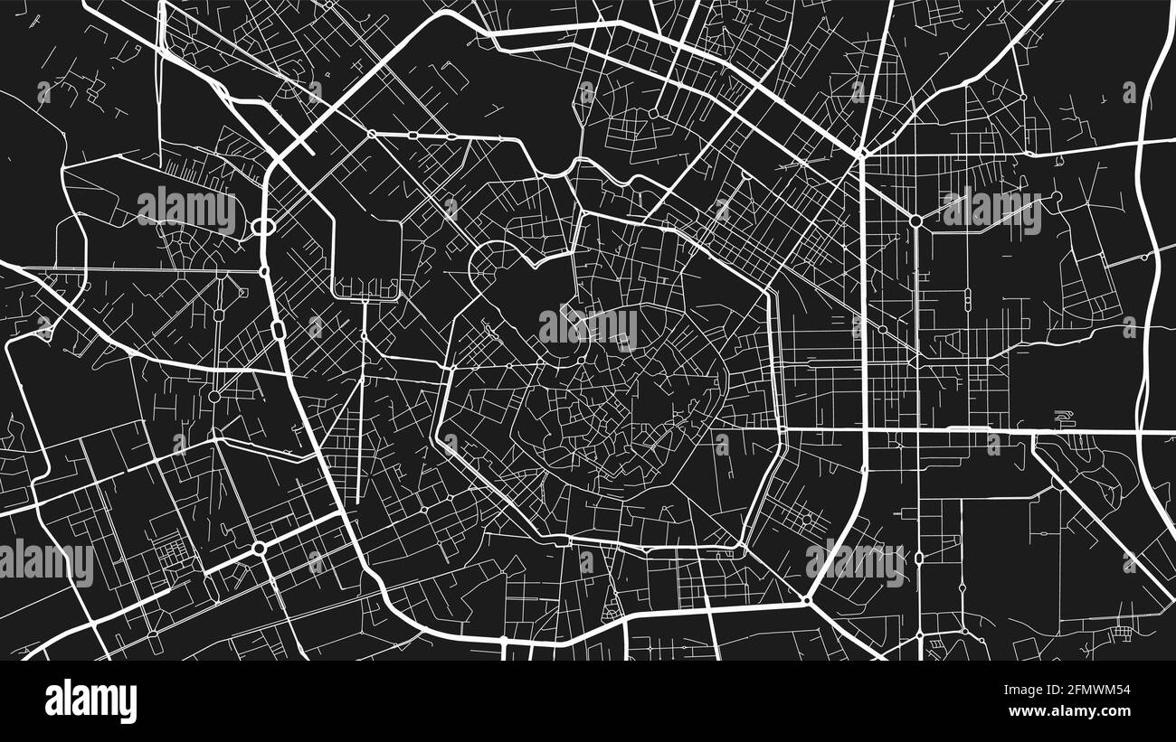 Cartografia vettoriale in bianco e nero dell'area della città di Milano, cartografia delle strade e dell'acqua. Formato widescreen, design piatto digitale, streetma Illustrazione Vettoriale