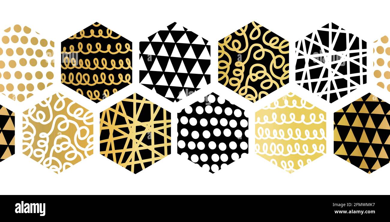 Motivo vettoriale senza cuciture nero bianco oro bordo patchwork esagonale. Piastrelle esagonali ripetitive orizzontali sfondo geometrico astratto con metallo Illustrazione Vettoriale