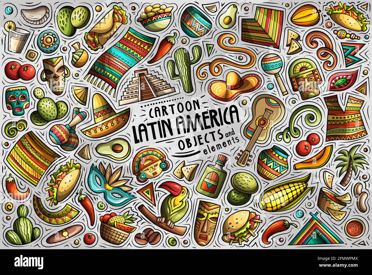 Cartoni animati vettoriali doodle di oggetti e simboli a tema latino-americano Illustrazione Vettoriale