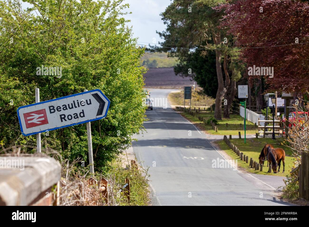 Il segno della stazione stradale di Beaulieu nella nuova foresta con pony selvaggi sulla strada, una scena tipica dalla nuova foresta Foto Stock