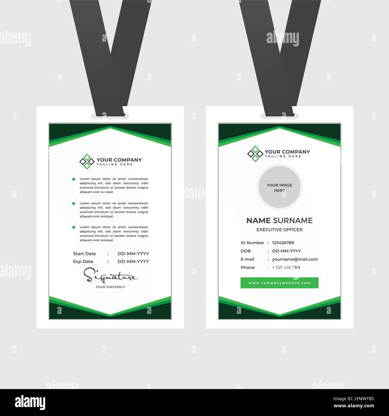 Carta ID dipendente Premium con segnaposto foto, nome, posizione e vettore modello profilo aziendale Illustrazione Vettoriale