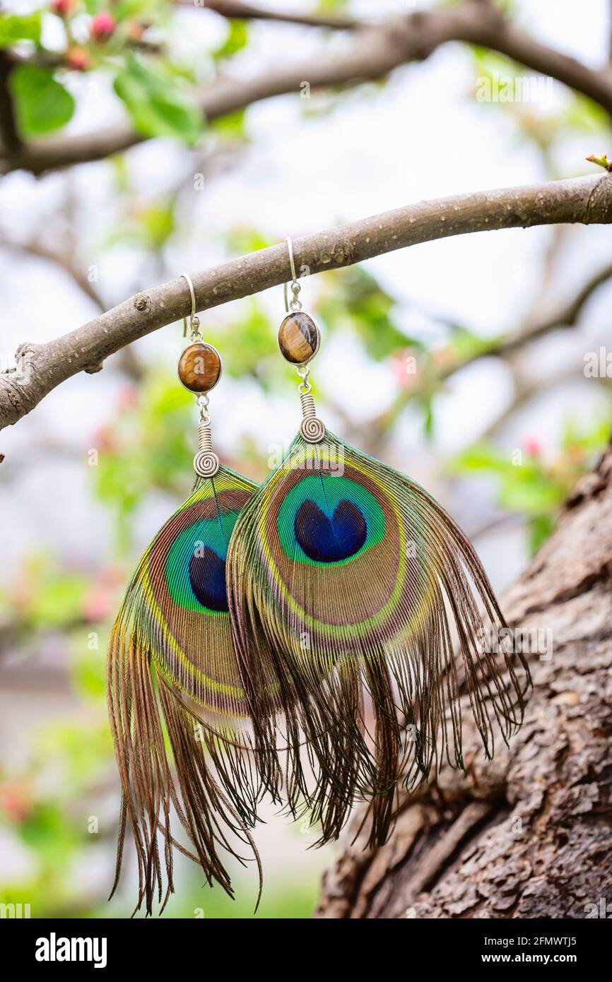Orecchini in piuma di pavone con perle di minerale appese in natura Foto  stock - Alamy