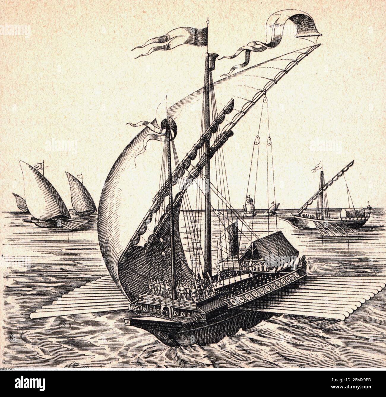 Trasporto / trasporto, navigazione, nave da guerra, cucina veneziana con 28 remi, 16 ° secolo, IL COPYRIGHT DELL'ARTISTA NON DEVE ESSERE ELIMINATO Foto Stock