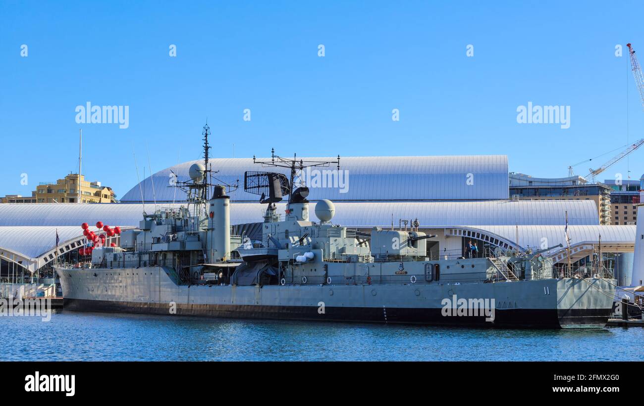 Il cacciatorpediniere Royal Australian Navy HMAS Vampire, non una nave museo a Darling Harbour, Sydney, Australia Foto Stock