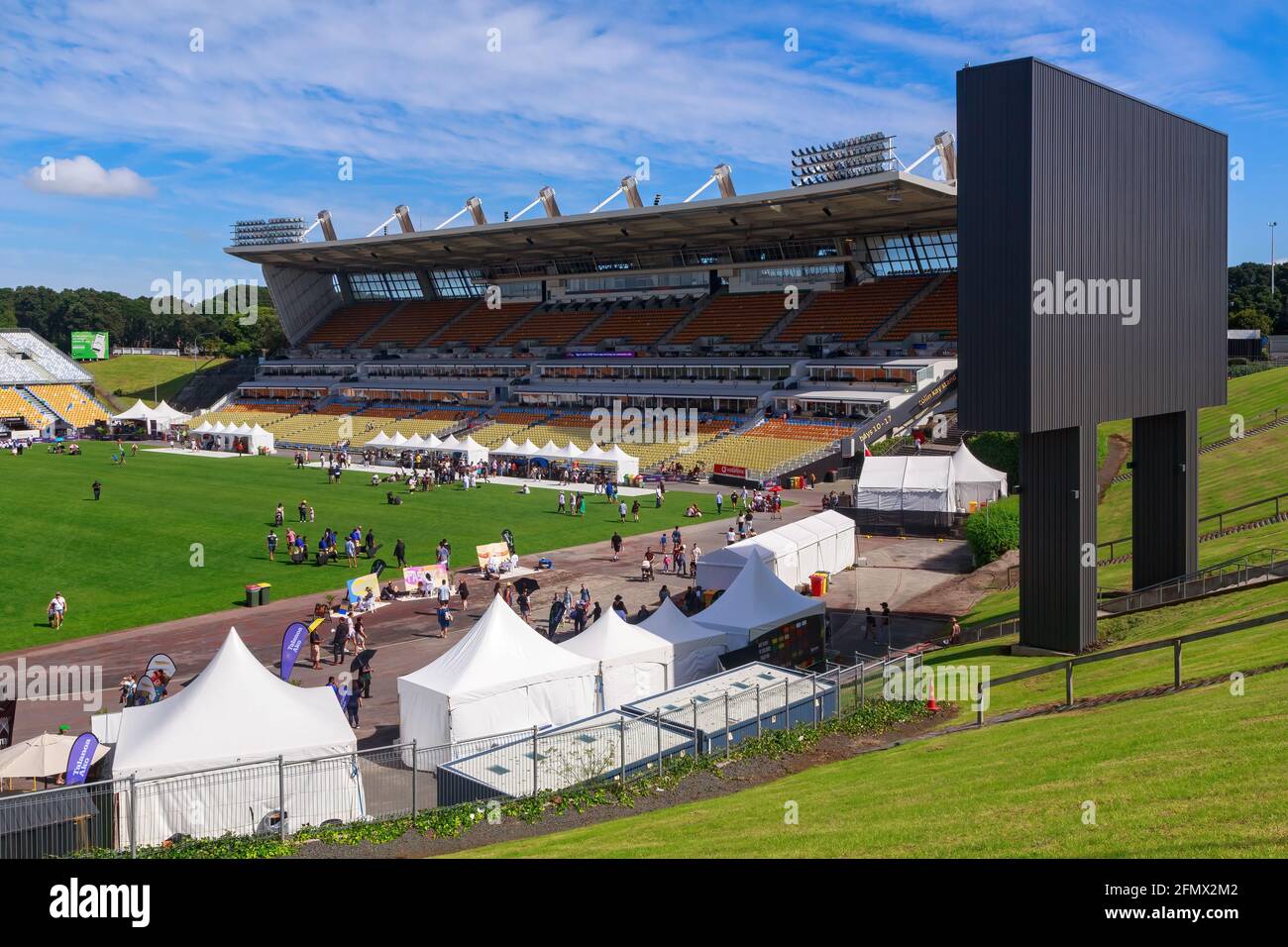 Mount Smart Stadium, Auckland, Nuova Zelanda. Qui viene mostrata con tende allestite per l'annuale Festival di Pasifika Foto Stock
