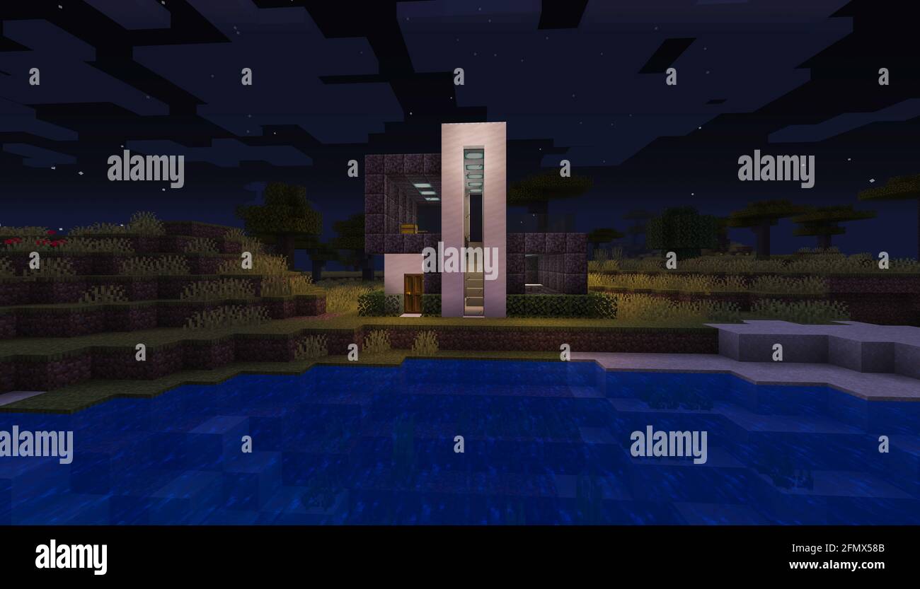 Minecraft Game – Maggio 11 2021: Esempio di design moderno della casa in Minecraft Game illustrazione 3D. Editoriale Foto Stock