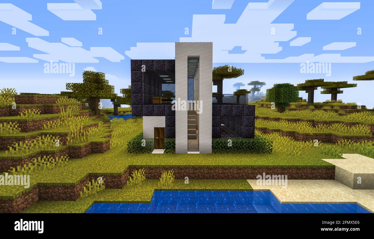 Minecraft Game – Maggio 11 2021: Esempio di design moderno della casa in Minecraft Game illustrazione 3D. Editoriale Foto Stock
