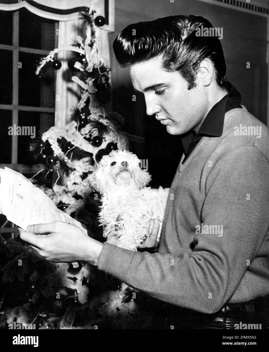 Presley, Elvis, 8.1.1935 - 16.8.1977, cantante e attore americano, mezza lunghezza, natale, fine anni '50, DIRITTI-AGGIUNTIVI-CLEARANCE-INFO-NON-DISPONIBILE Foto Stock