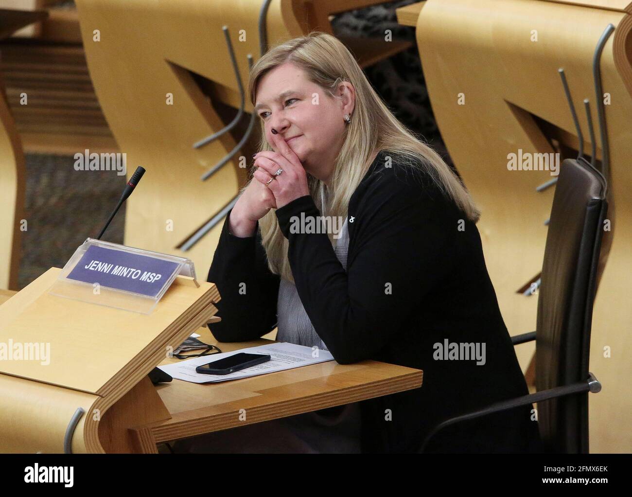 Jenni Minto MSP SNP durante il primo incontro dei nuovi MSP con il presidente Ken Macintosh dopo le elezioni parlamentari scozzesi, a Holyrood, Edimburgo. Data immagine: Mercoledì 12 maggio 2021. Foto Stock