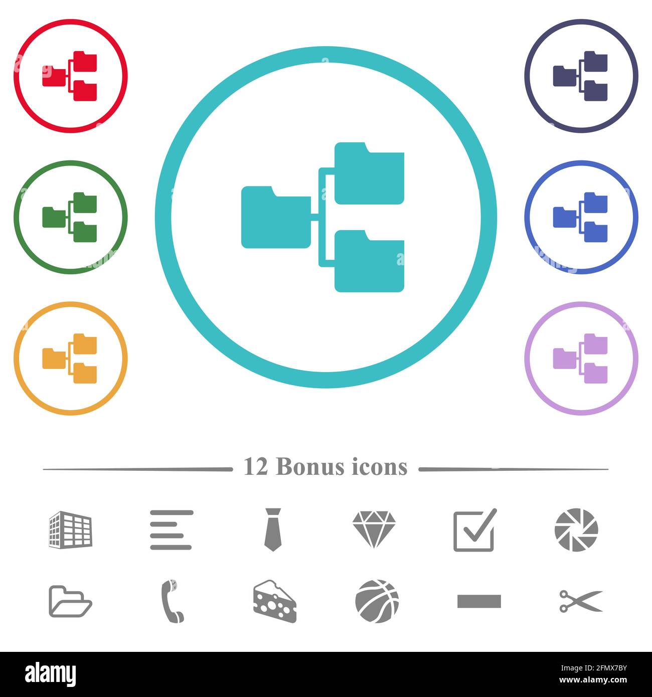 Cartelle condivise icone a colori piatte nei contorni a forma di cerchio. 12 icone bonus incluse. Illustrazione Vettoriale