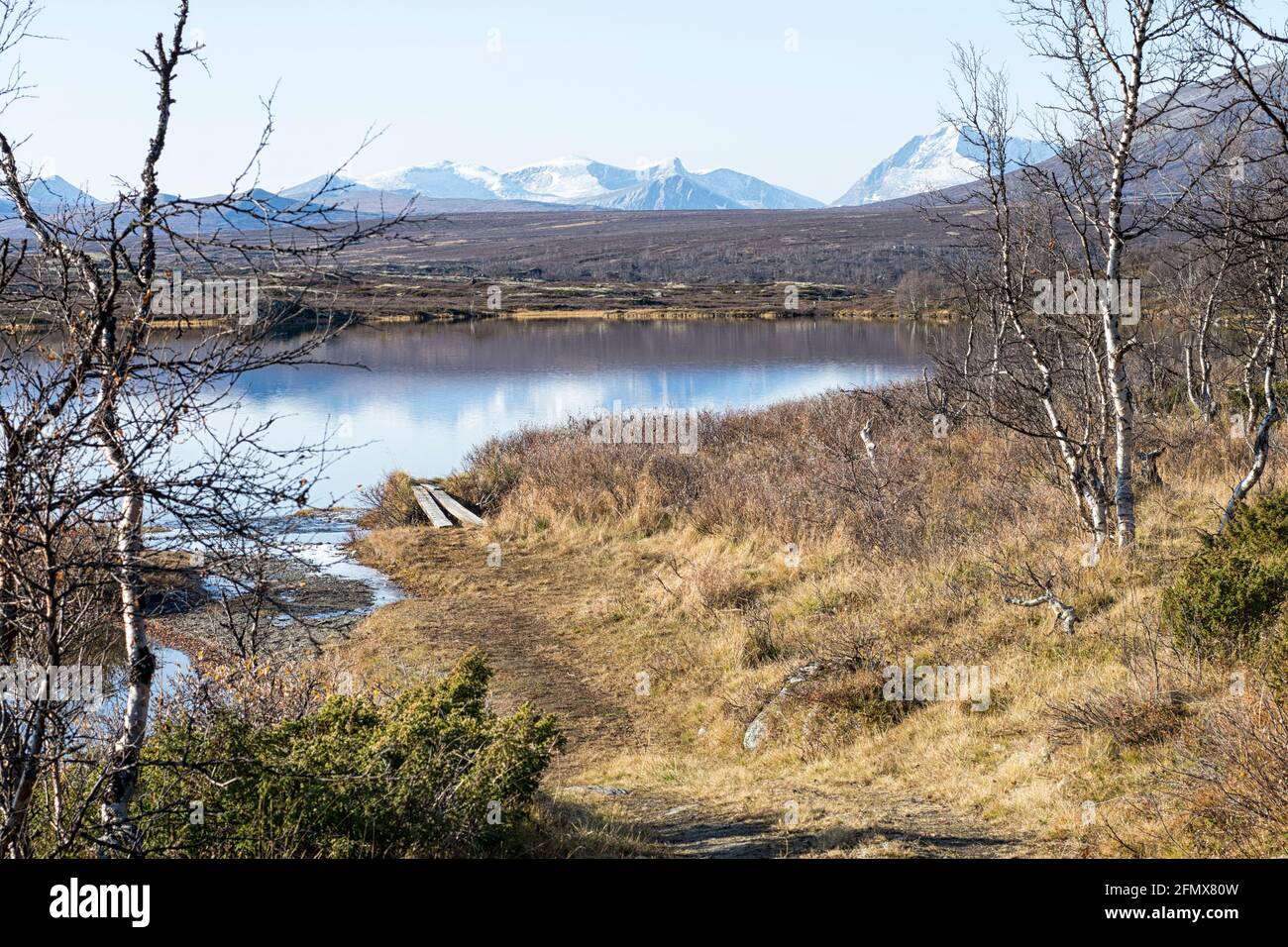 Lago Gåvålivatnet nel tardo autunno, Hjerkinn/Kongsvoll/Drivdalen landskapsvernområde, Hjerkinn, Dovre Nationalpark, Oppland, Trøndelag, Norvegia Foto Stock