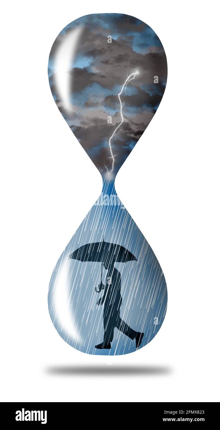 Nuvole di tempesta e fulmine riempiono la parte superiore di una clessidra, mentre la pioggia cade su un uomo con un ombrello nella parte inferiore del vetro. Questo è un 3-D illu Foto Stock