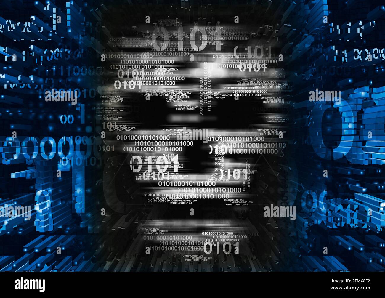 Concetto di cranio, Hacker, virus informatico. Immagine del simbolo del cranio astratto con codice binario blu. Web hacking. Concetto di pirateria online. Foto Stock